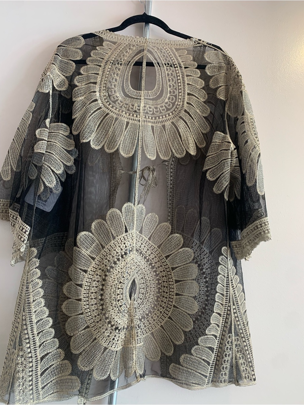 225 Sheer Black Crochet Floral Kimono with Cream Embroidery - Picture 2 of 6